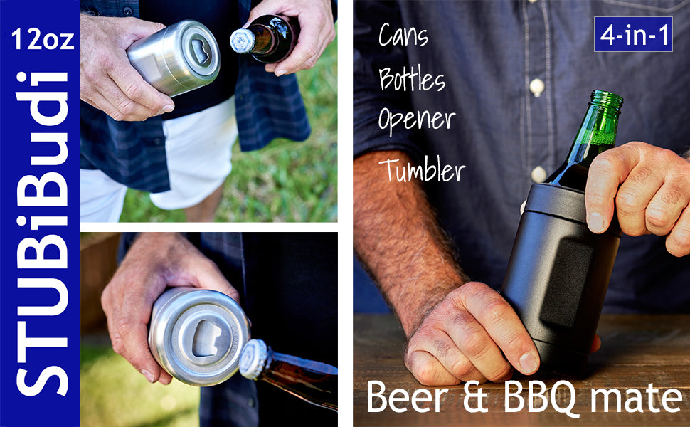 STUBiBudi Beer Can Cooler 12 oz Beer Bottle Insulator Beer Bottle Opener, 3  in 1 Universal Can Coozie Insulated Coozie for Cans and Bottles 4 in 1 Can